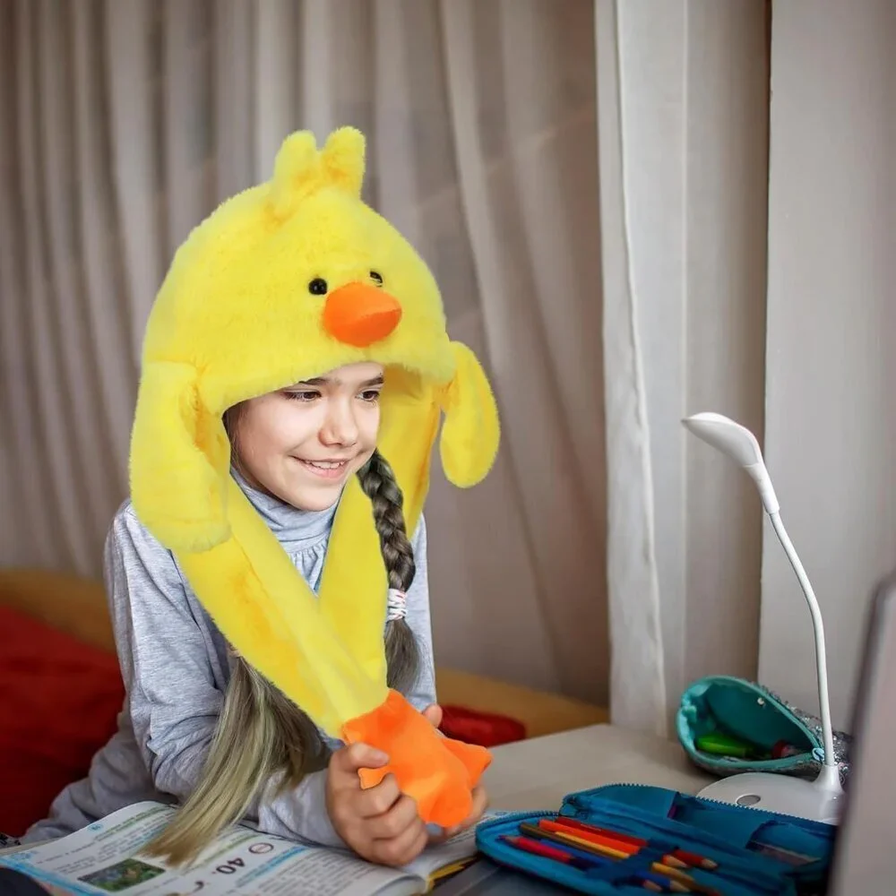 Kids Duck Animal Hat with Ears Moving Jumping Pop Up Beating Plush Holiday